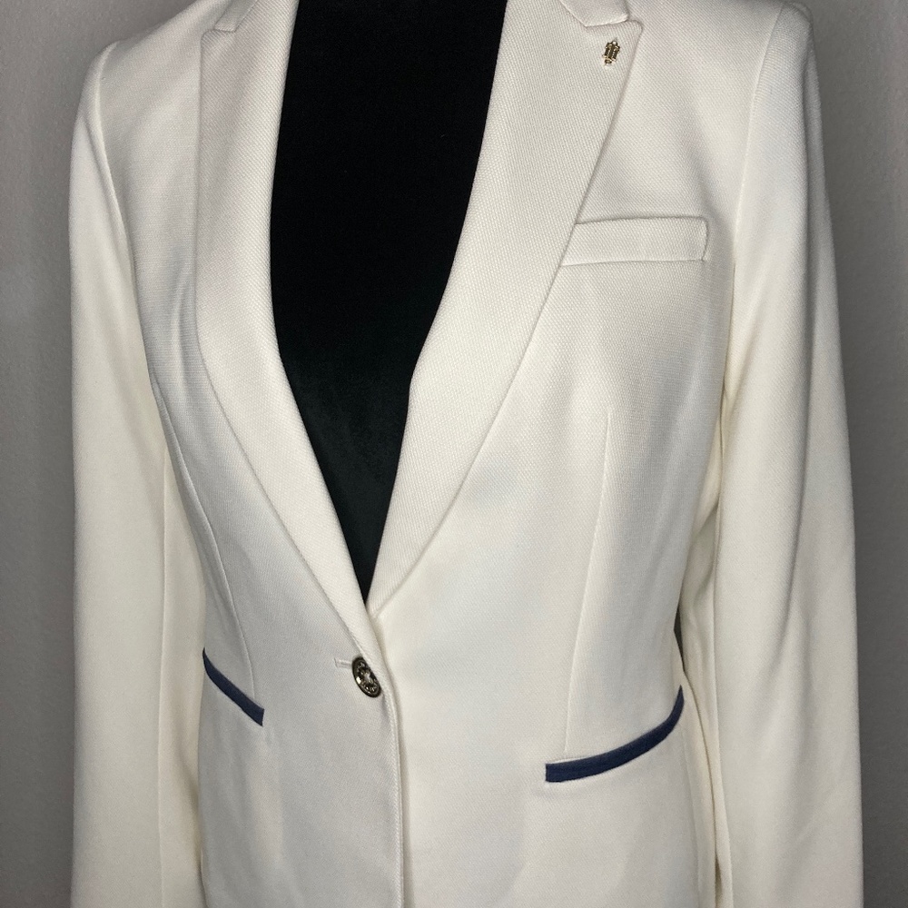 White Tommy Hilfiger with Blue elbow jean Patches